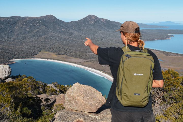 Wineglass Bay Lookout hiker with backpack