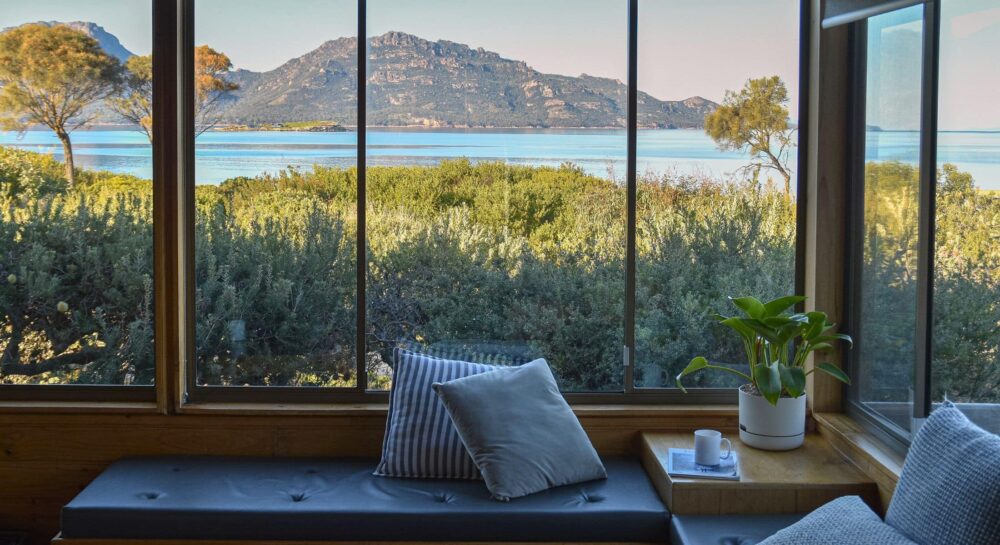 Edge of the bay accommodation lounge room view from Two Bedroom Vintage Chalet