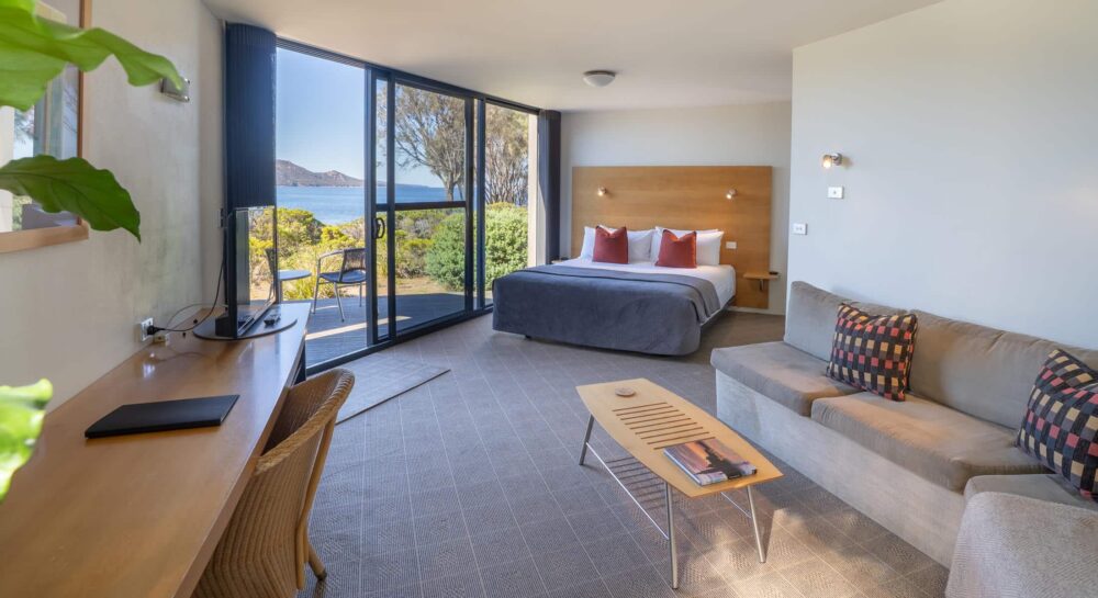 Ocean View Studio interior with lounge at Edge of the Bay