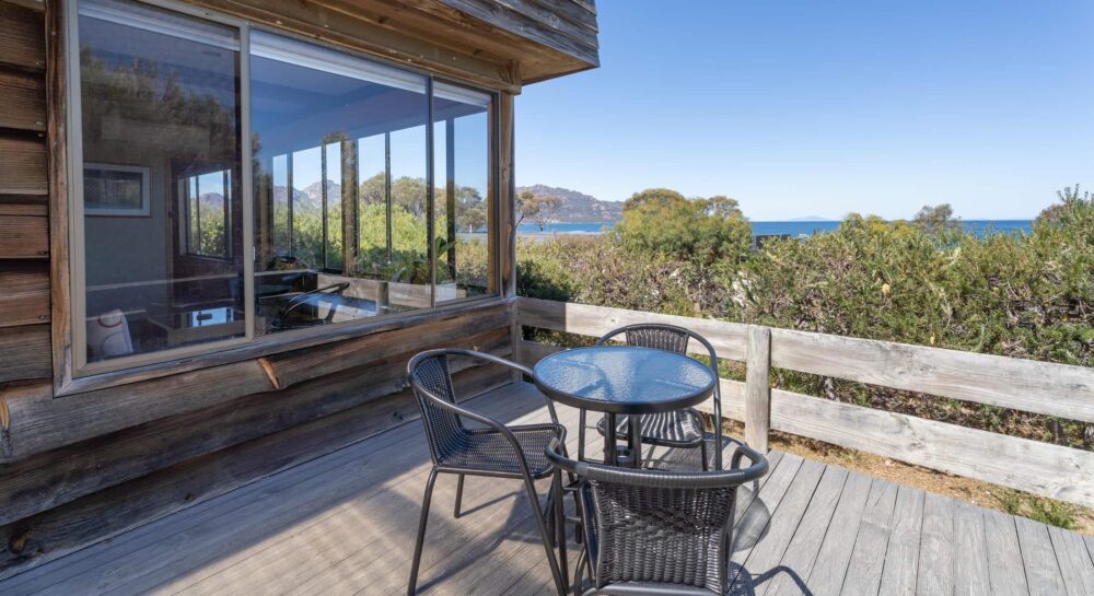 Vintage Chalet private deck at Edge of the Bay